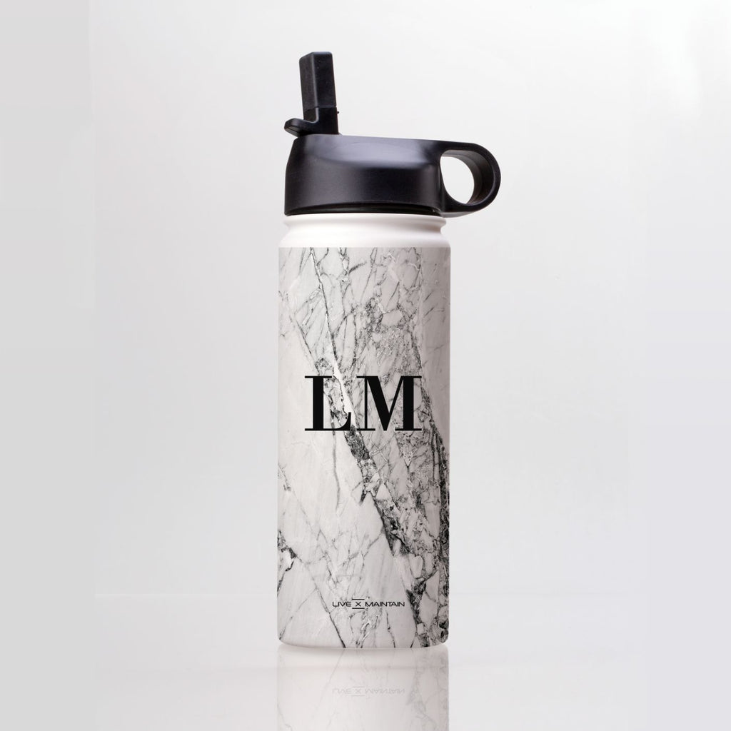 Personalised Cracked White Marble Initials Stainless Steele Water Bottle