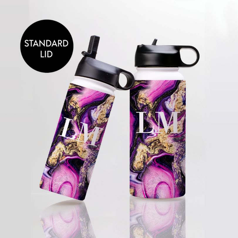 Personalised Purple Swirl Marble Initials Stainless Steele Water Bottle