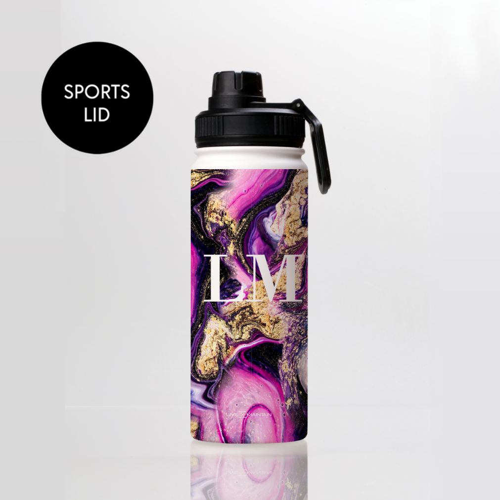 Personalised Purple Swirl Marble Initials Stainless Steele Water Bottle