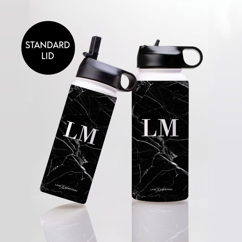 Personalised Black Marble Initials Stainless Steele Water Bottle