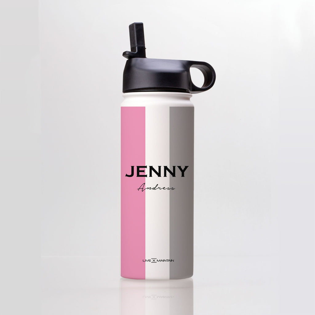 Personalised Pink x Grey Stripe Stainless Steele Water Bottle
