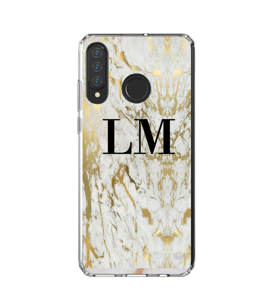 Personalised White x Gold Marble Initials Huawei P30 Lite Case
