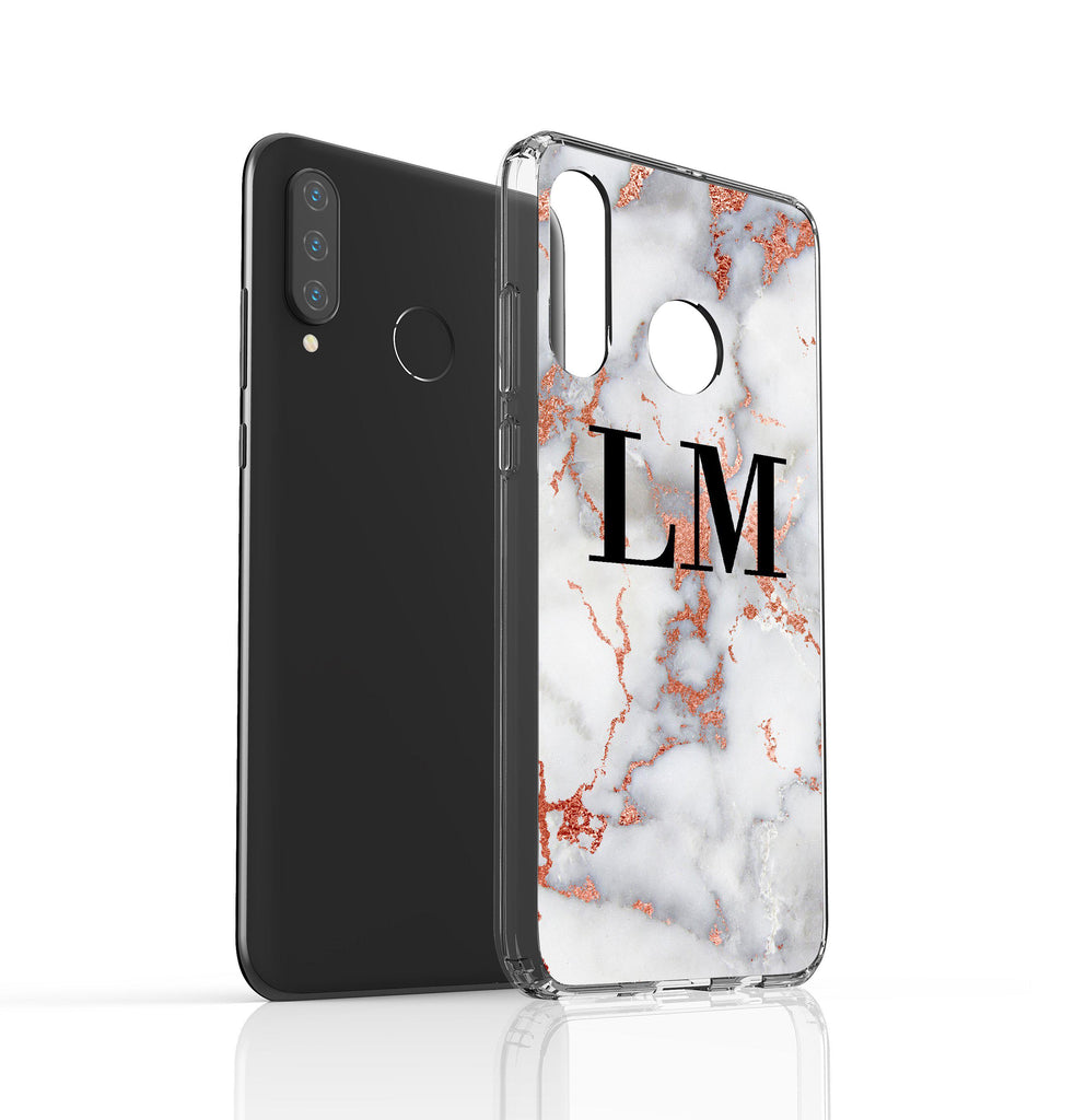 Personalised White x Rose Gold Marble Initials Huawei P30 Lite Case