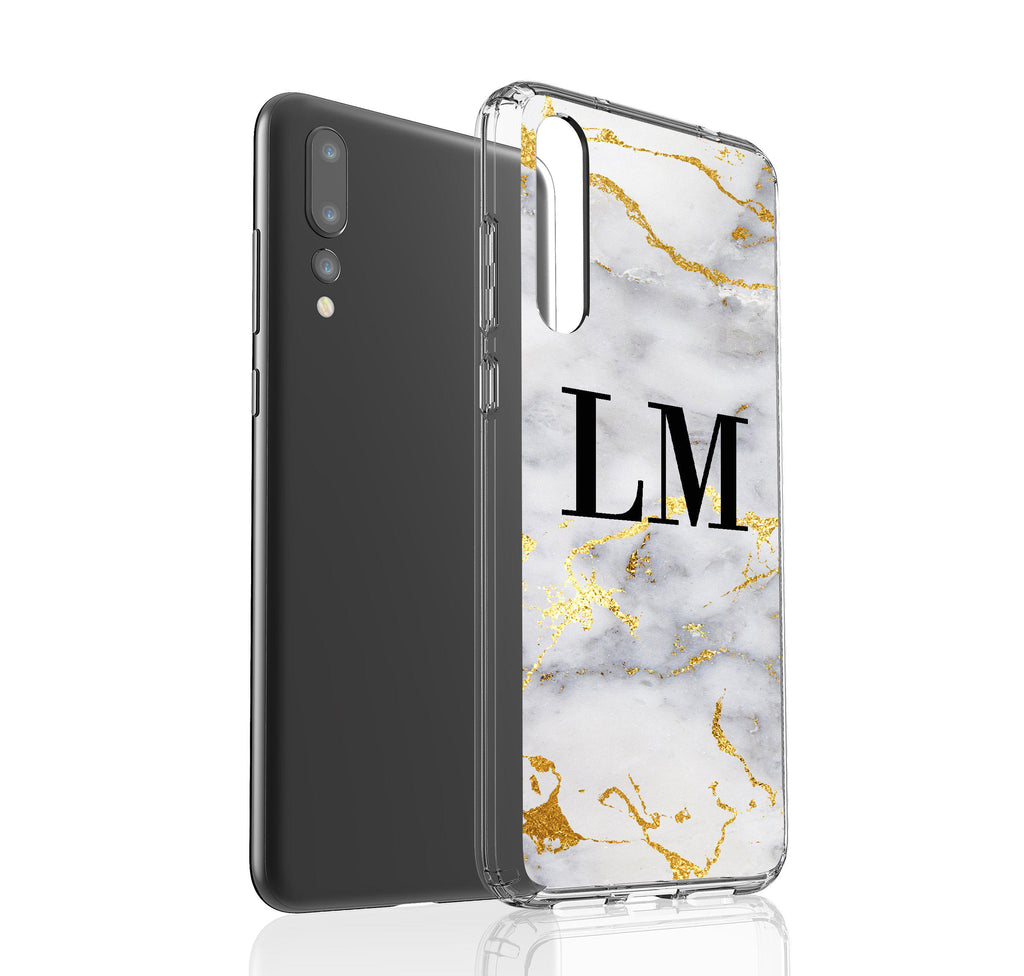 Personalised White x Gold Streaks Marble Initials Huawei P20 Pro Case