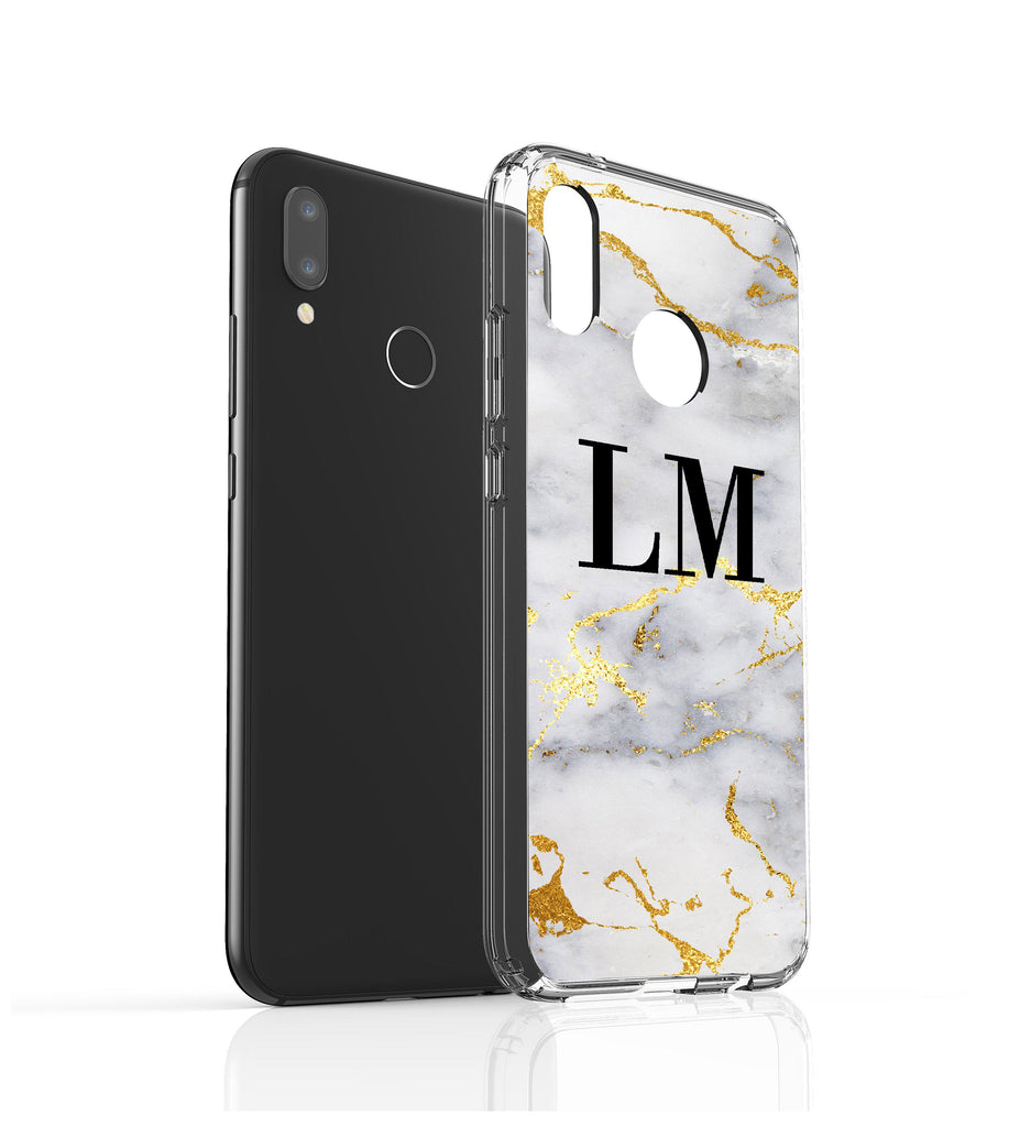 Personalised White x Gold Streaks Marble Initials Huawei P20 Lite Case