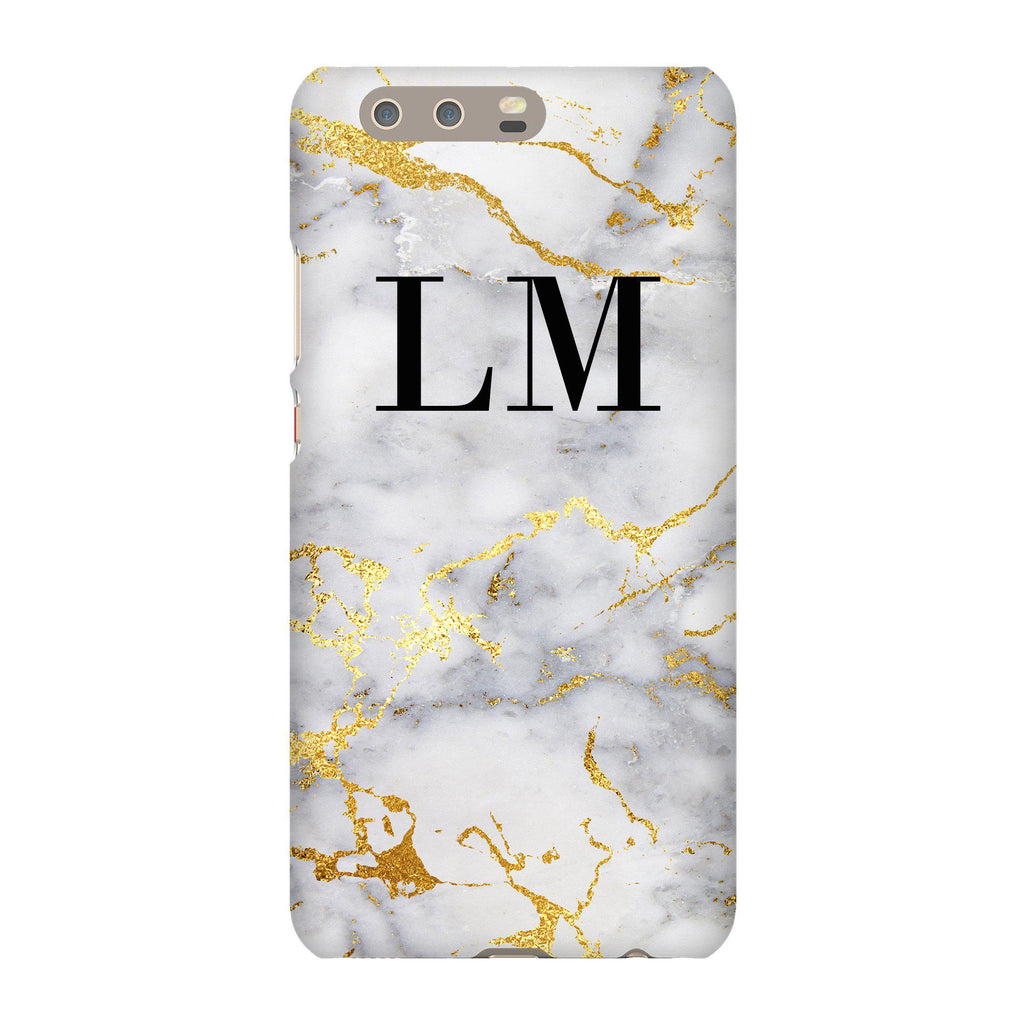 Personalised White x Gold Streaks Marble Initials Huawei P10 Plus Case