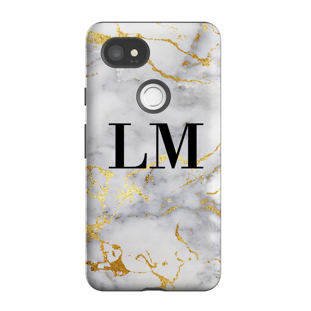 Personalised White x Gold Streaks Marble Initials Google Pixel 2 XL Case