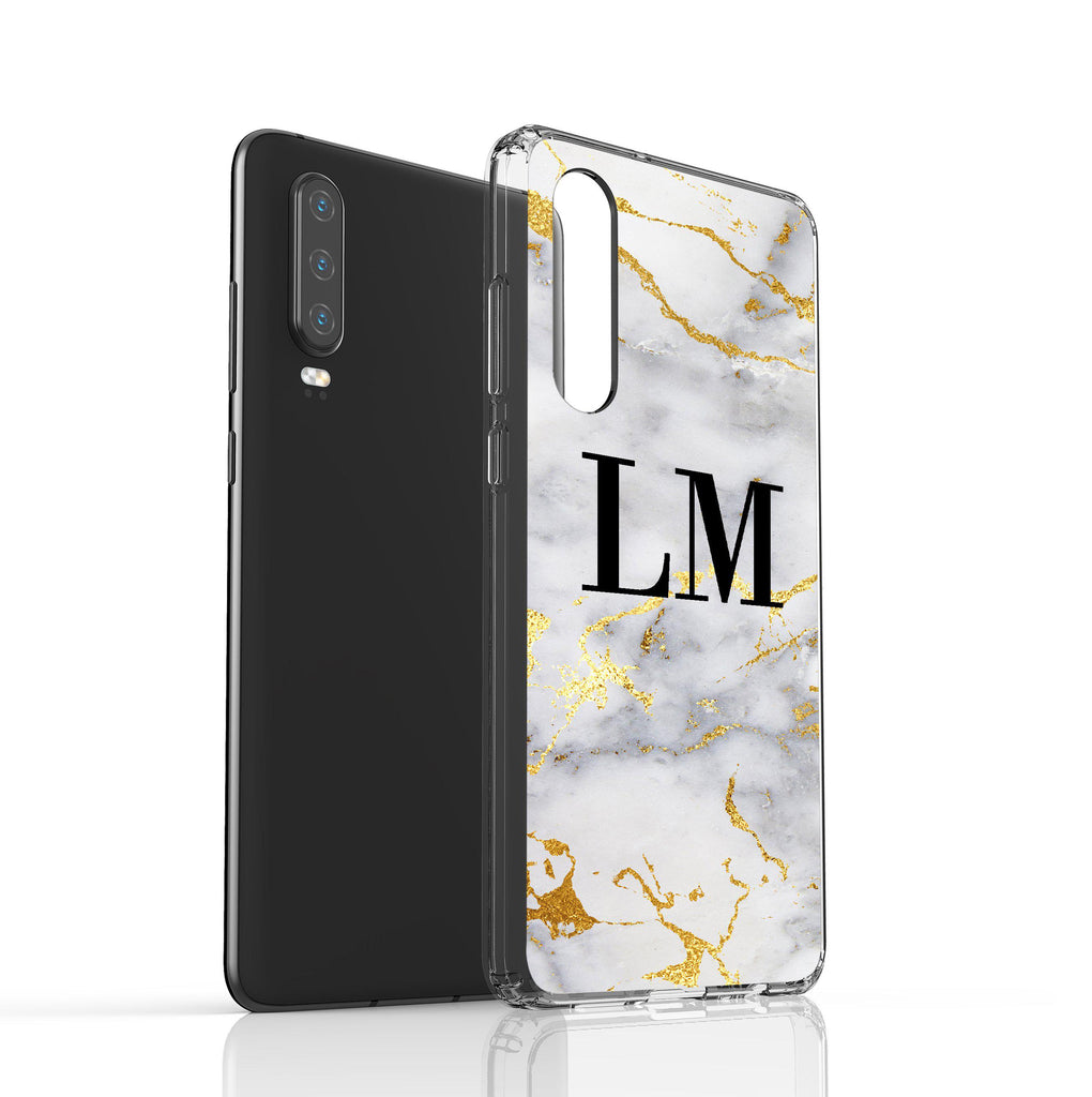 Personalised White x Gold Streaks Marble Initials Huawei P30 Case