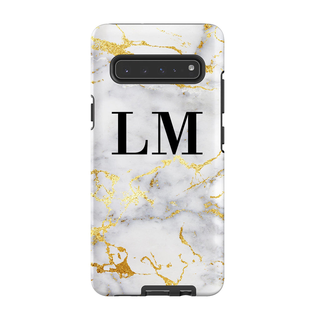 Personalised White x Gold Streaks Marble Initials Samsung Galaxy S10 5G Case