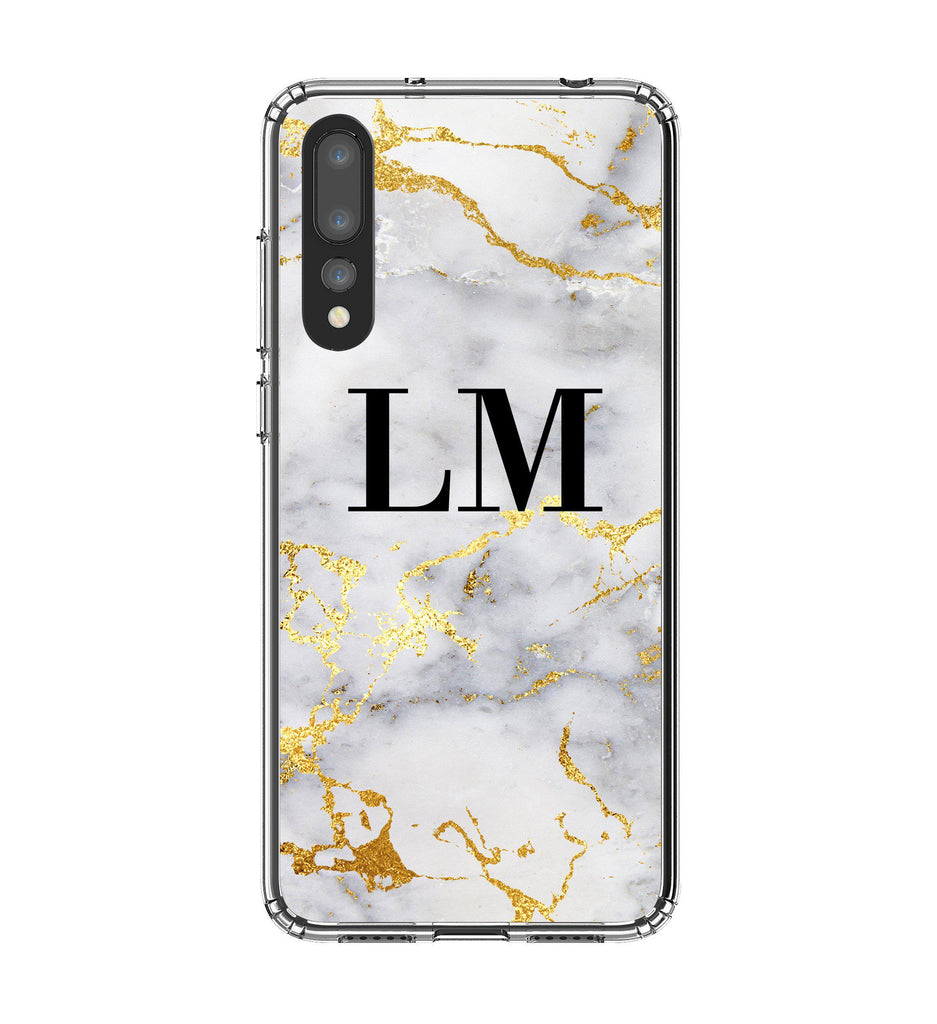 Personalised White x Gold Streaks Marble Initials Huawei P20 Pro Case
