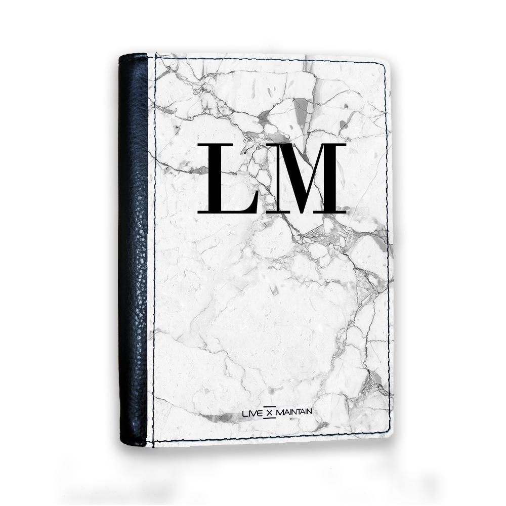 Personalised White Marble x Black Initials Passport Cover