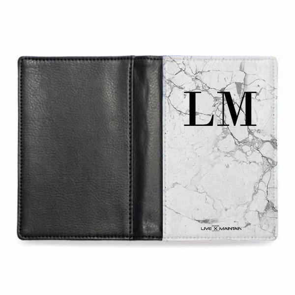 Personalised White Marble x Black Initials Passport Cover