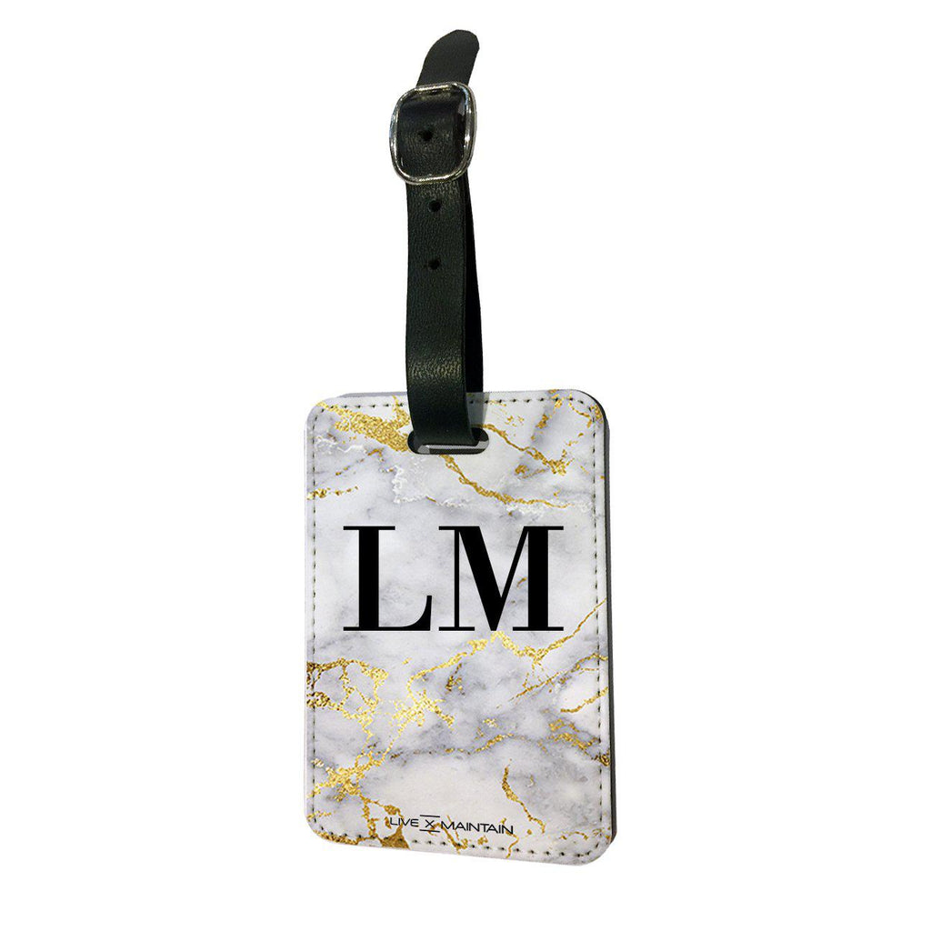 Personalised White x Gold Streak Marble Initials Luggage Tag