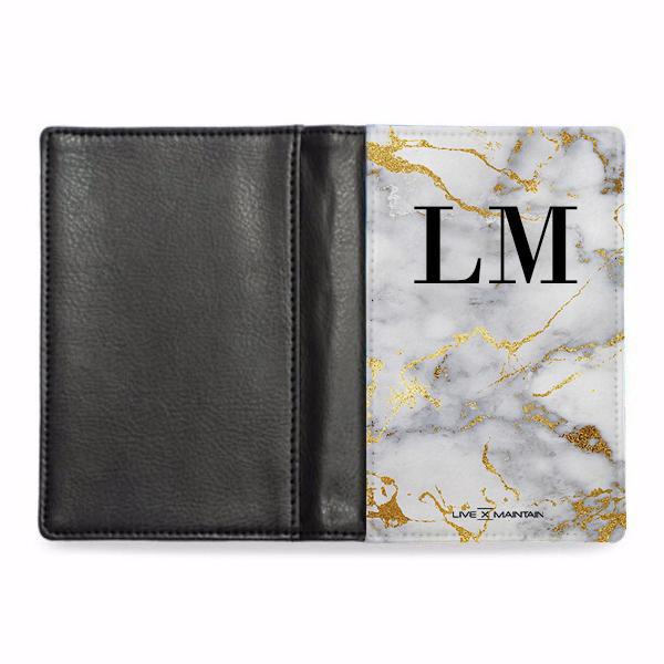 Personalised White x Gold Streaks Marble Initials Passport Cover