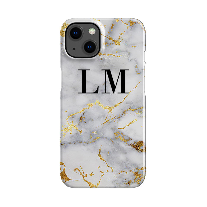 Personalised White x Gold Streaks Marble Initials iPhone 13 Mini Case