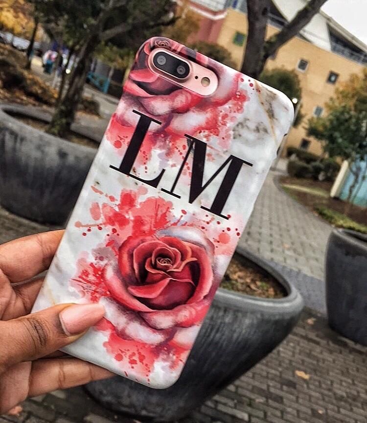 Personalised Floral Rose x White Marble Initials iPhone XS Case