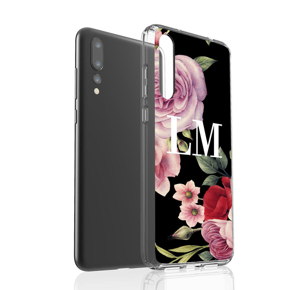 Personalised Black Floral Blossom Initials Huawei P20 Lite Case