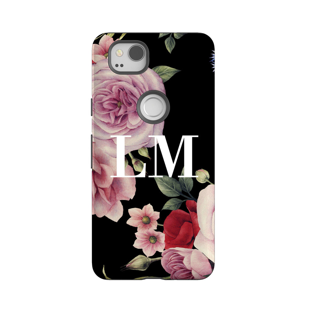 Personalised Black Floral Blossom Initials Google Pixel 2 Case