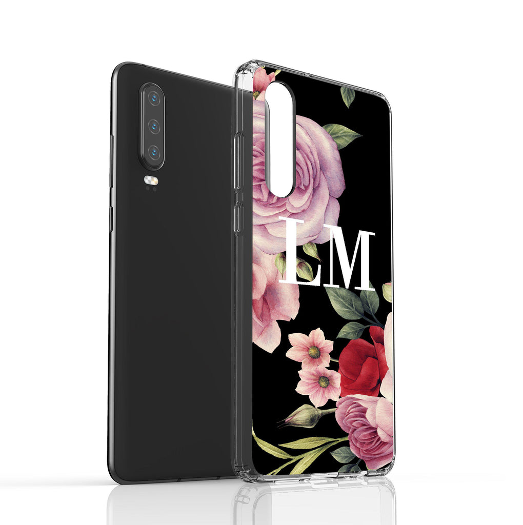 Personalised Black Floral Blossom Initials Huawei P30 Lite Case