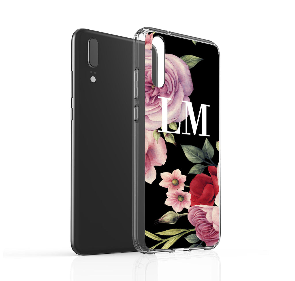 Personalised Black Floral Blossom Initials Huawei P20 Case