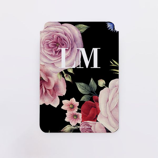 Personalised Black Floral Blossom Initials Saffiano Leather Tablet/Laptop Sleeve