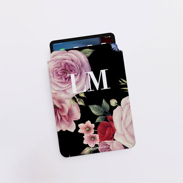 Personalised Black Floral Blossom Initials Saffiano Leather Tablet/Laptop Sleeve