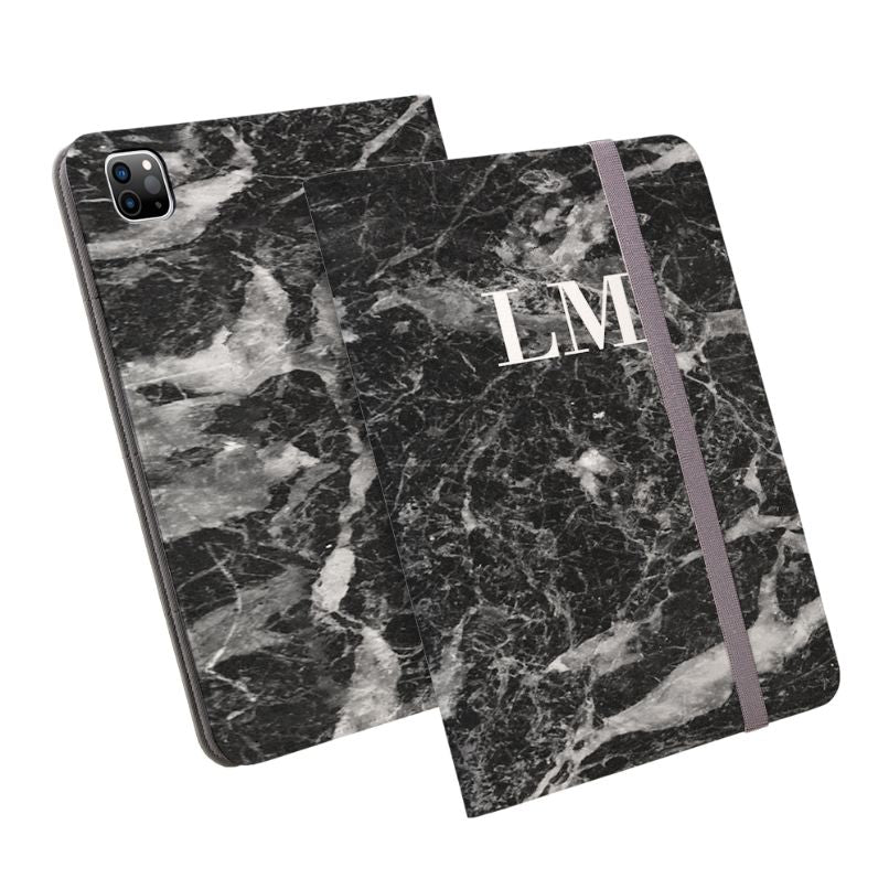 Personalised Black Stone Marble Initials iPad Pro Case