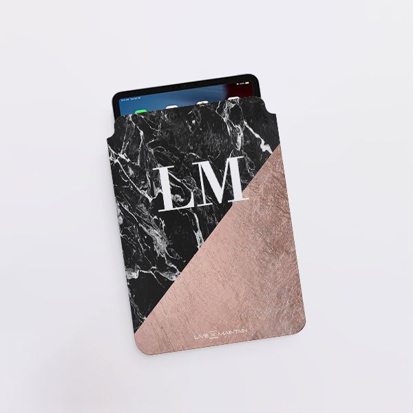 Personalised Black x Rose Gold Marble Initials Saffiano Leather Tablet/Laptop Sleeve