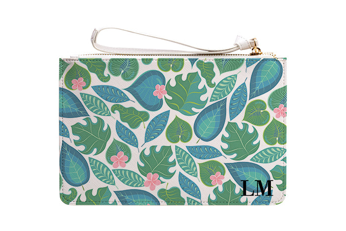 Personalised Blue Leaf Leather Clutch Bag