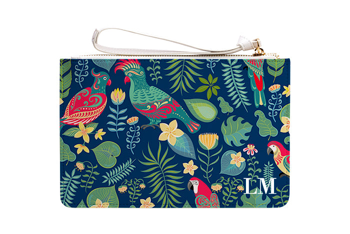 Personalised Blue Parrot Leather Clutch Bag