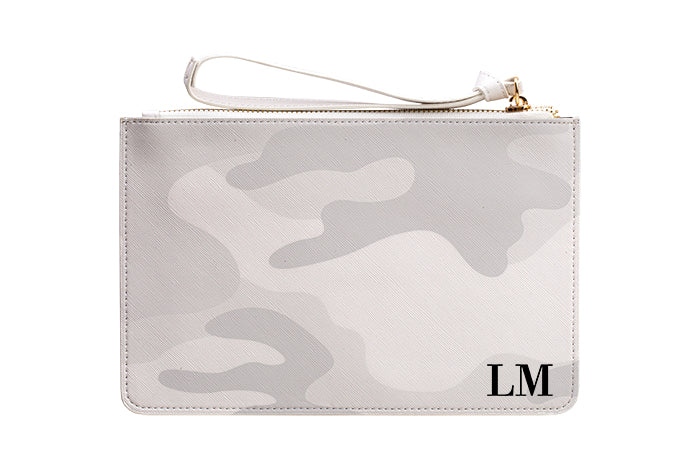 Personalised White Camouflage Leather Clutch Bag
