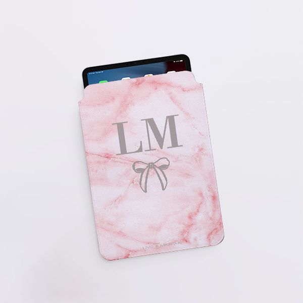 Personalised Cotton Candy Bow Marble Initials Saffiano Leather Tablet/Laptop Sleeve