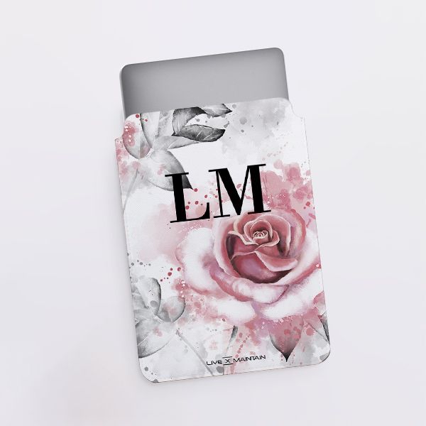 Personalised Floral Rose Initials Saffiano Leather Tablet/Laptop Sleeve