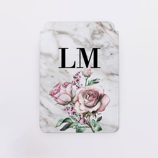 Personalised Floral Rose x Marble Initials Saffiano Leather Tablet/Laptop Sleeve