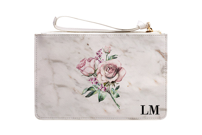 Personalised Floral Rose x Marble Leather Clutch Bag
