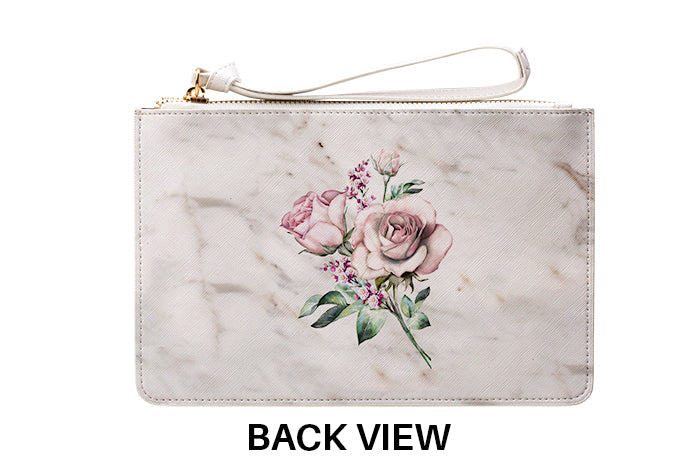 Personalised Floral Rose x Marble Leather Clutch Bag