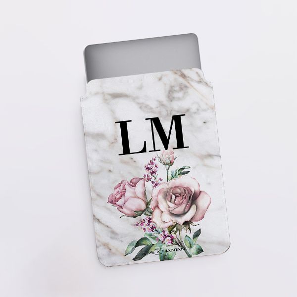 Personalised Floral Rose x Marble Initials Saffiano Leather Tablet/Laptop Sleeve