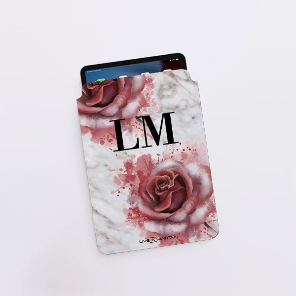 Personalised Floral Rose x White Marble Initials Saffiano Leather Tablet/Laptop Sleeve