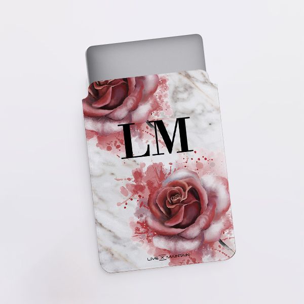 Personalised Floral Rose x White Marble Initials Saffiano Leather Tablet/Laptop Sleeve
