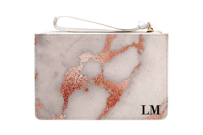 Personalised Grey x Rose Gold Marble Leather Clutch Bag