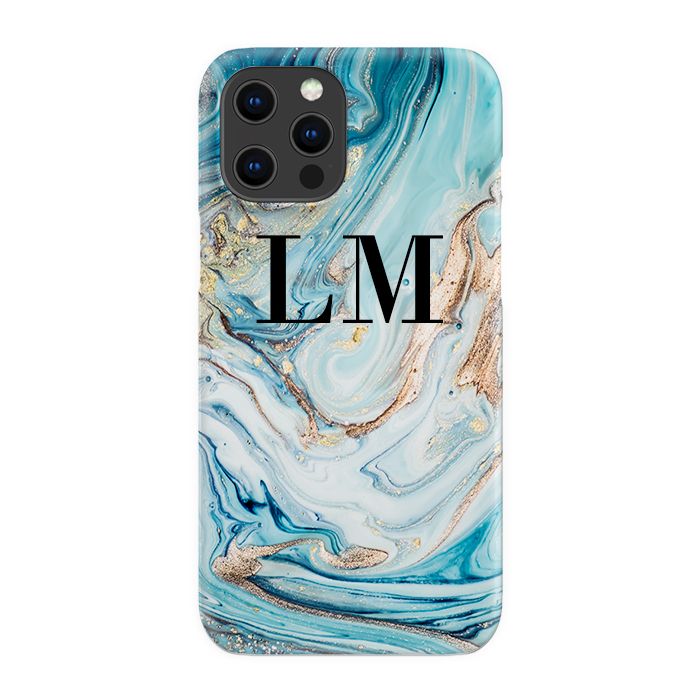Personalised Blue Emerald Marble initials iPhone 14 Pro Max Case