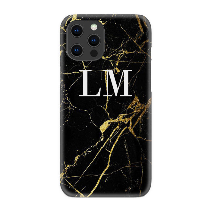 Personalised Black x Gold Marble Initials iPhone 14 Pro Case