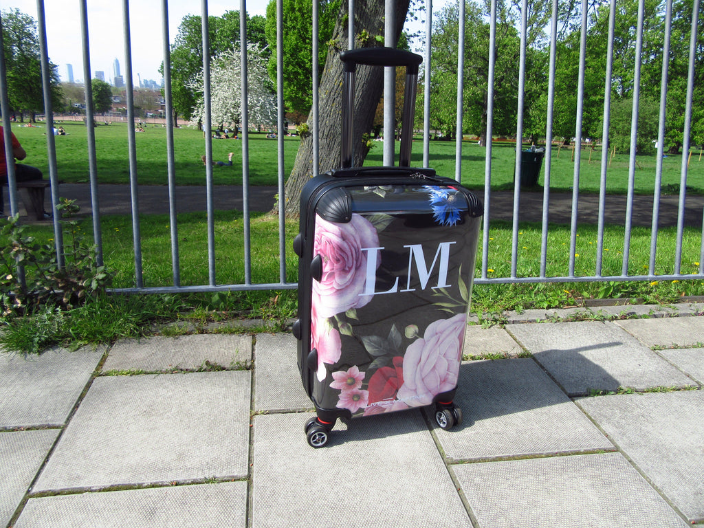 Personalised Black Floral Blossom Initials Suitcase