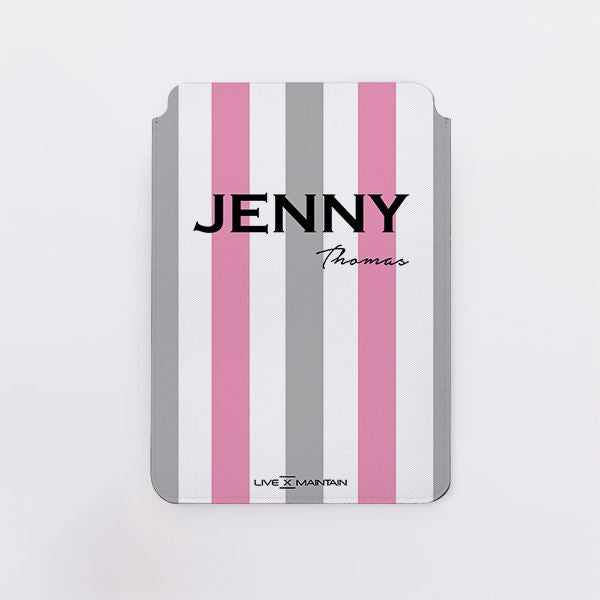 Personalised Pink x Grey Stripe Saffiano Leather Tablet/Laptop Sleeve