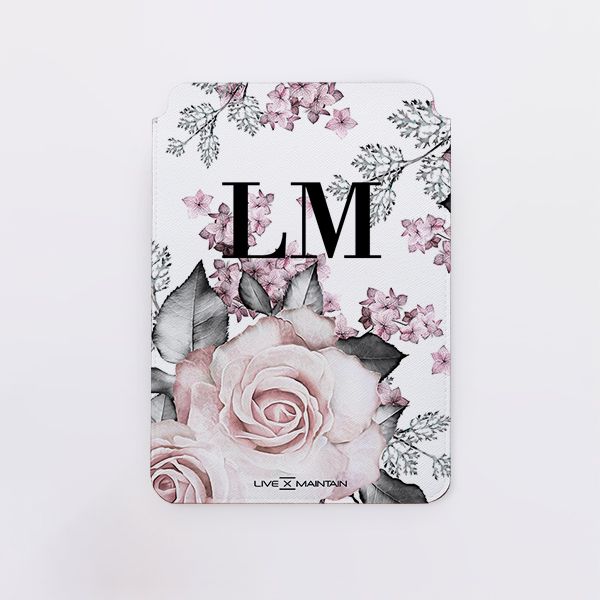 Personalised Pink Floral Rose Initials Saffiano Leather Tablet/Laptop Sleeve