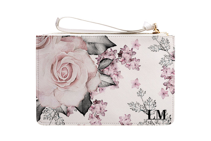 Personalised Pink Floral Rose Leather Clutch Bag