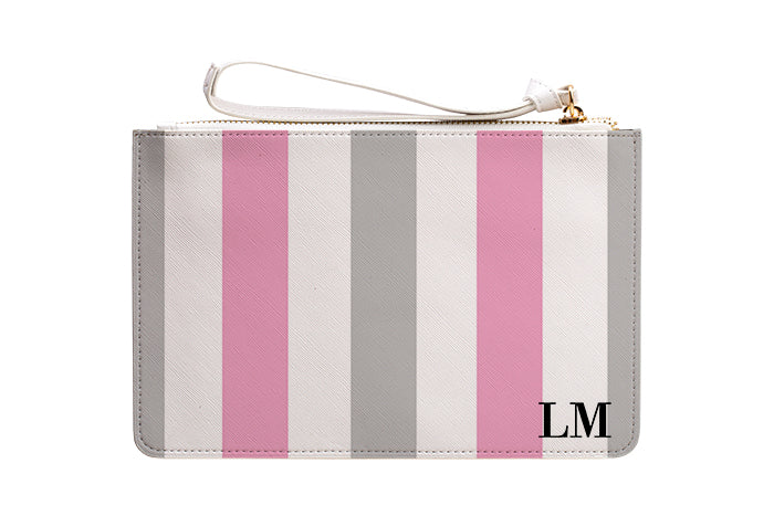Personalised Pink x Grey Stripes Leather Clutch Bag
