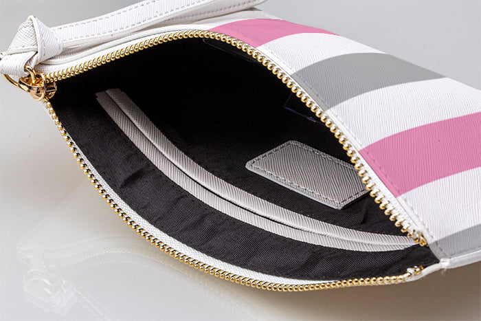 Personalised Pink x Grey Stripes Leather Clutch Bag