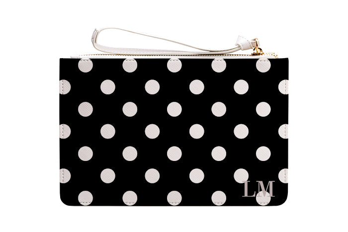 Personalised White Polka Dots Leather Clutch Bag