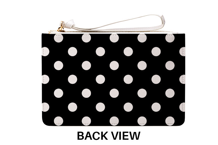Personalised White Polka Dots Leather Clutch Bag